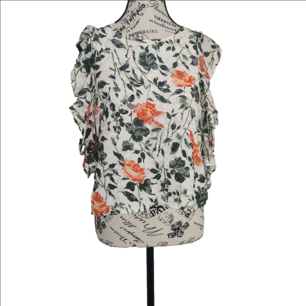 *Club Monaco Ruffled Cold-Shoulder Floral Blouse β Size Small - Picture 2 of 11
